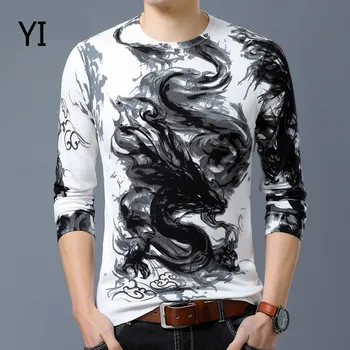 

yi 2019 Men long-sleeved O-Neck T shirt Male business autumn winter tops tees Man casual printing flowers T shirts