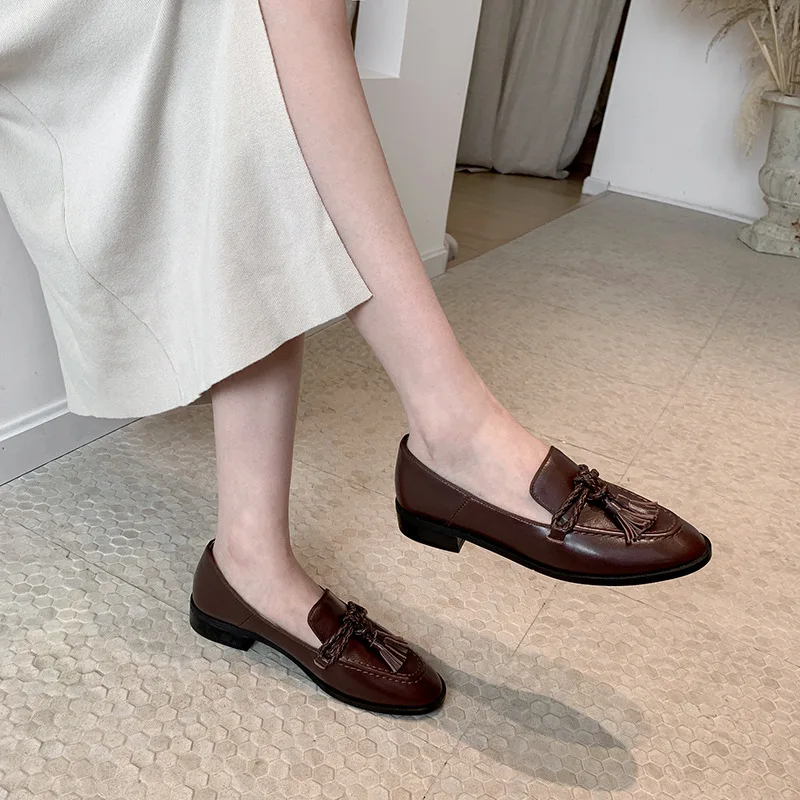 

Inside And Pure Leather Soft Retro Tassels Loafers 2020 Spring New Style Low Heel Shoes Women's Genuine Leather British Wind Sho