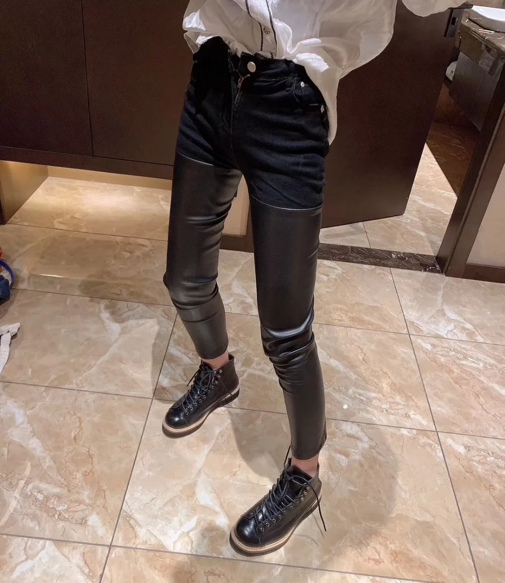 WHITNEY WANG Jeans Autumn Fashion Streetwear PU Patchwork Skinny Jeans Women Denim Pencil Pants