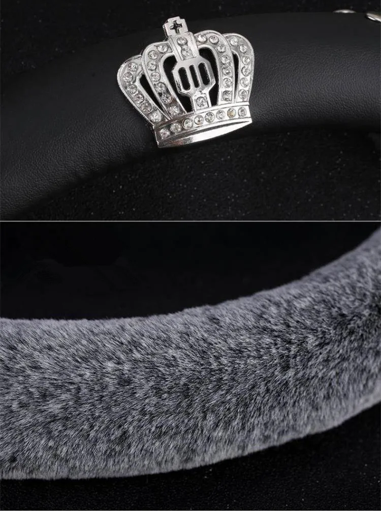 Универсальный Зимний плюшевый Меховой чехол рулевого колеса автомобиля Bling Стразы Корона нескользящий защитный чехол для рулевого колеса для женщин
