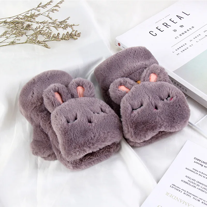 

Winter warm lovely cartoon cute rabbit half finger student flip gloves thickened plush