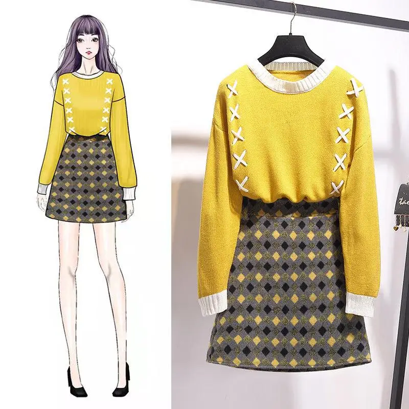 

ICHOIX Lace up sweater 2 piece skirt set plaid skirt and tops women 2 piece set casual winter outfits Elegant Korean set 2pcs