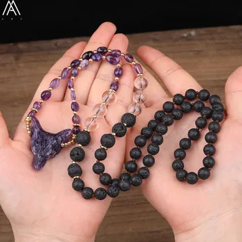 

Natural Amethysts Quartz Wolf Head Pendant 8mm White Quartz Crystal Chip Beads Knot Handmade Necklace 32 Inch Long N0512AMCD