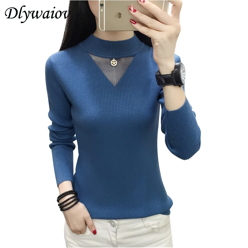 

Long Sleeve Sweater Women 2020 Slim Mesh Half Turtleneck Sweater High Quality Pullover Clothes Female Winter Fashion Wild Tops