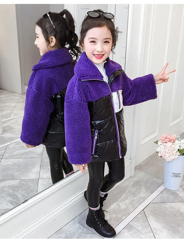 purple Хлопковое пальто для девочек с имитацией овечьей шерсти; новая зимняя теплая хлопковая куртка с бархатной вышивкой; Верхняя одежда для детей; Y2494 - Цвет: purple
