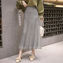 Новые зимние офисные женские элегантные трикотажные однотонные юбки визуальное уменьшение бедер толстые теплые с оборкой, с высокой посадкой Лоскутная средняя удлиненная юбка
