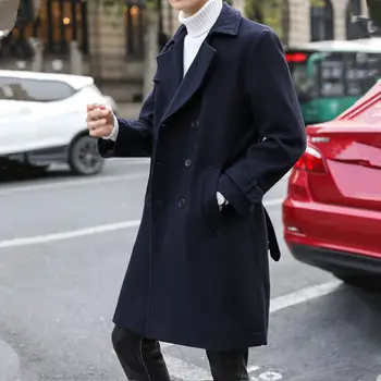 

New Men's Wool Blends Overcoat Double Breasted Trench Coat Bigger Size 9XL Black Navy With Belt Lapel Casual Outwear Autumn T43