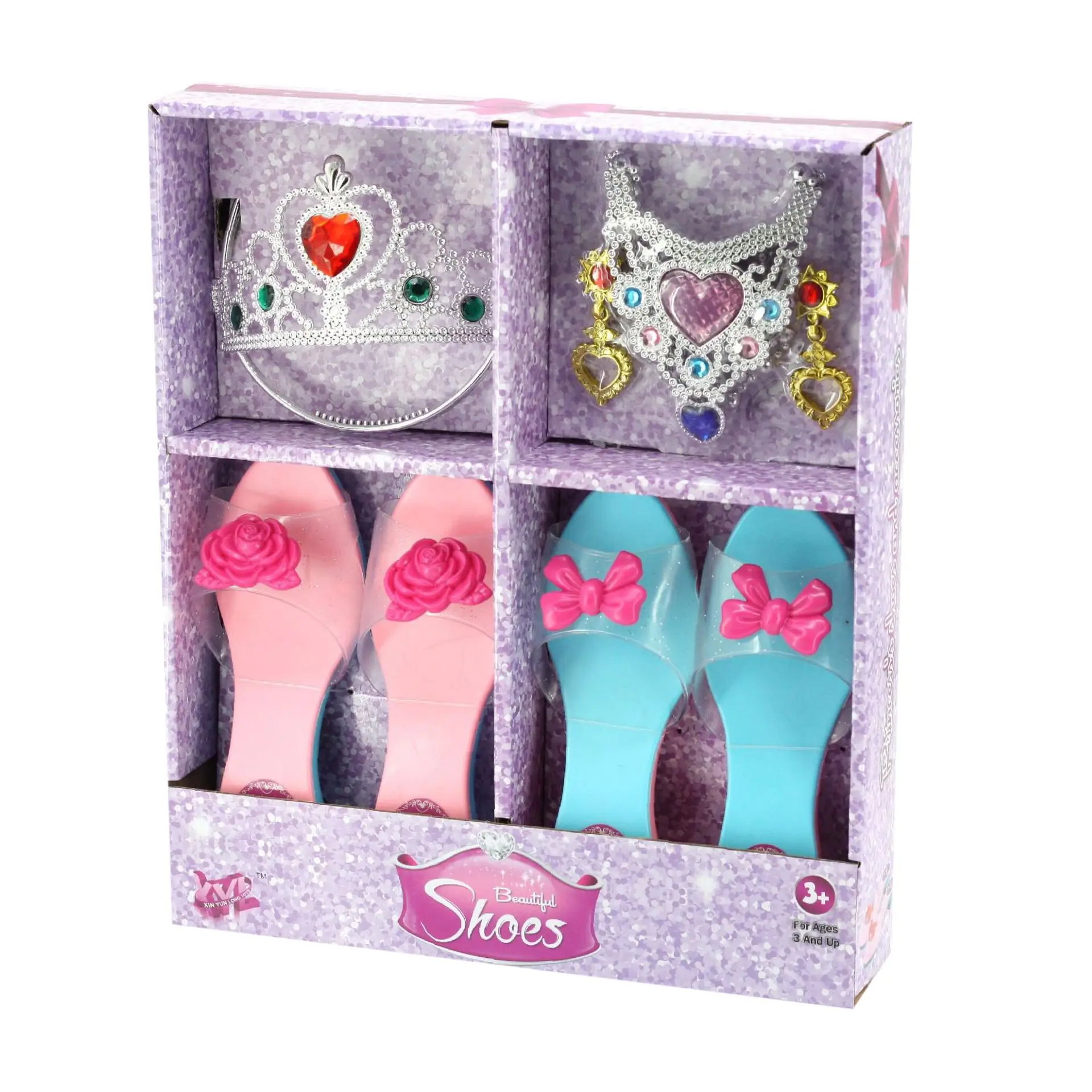 

8pcs Children Pretend Dress Up Playset Crown High Heels Toys Beauty Pretend Play Toys Kids Birthday Gift - Pink+Blue/Pink+Silver