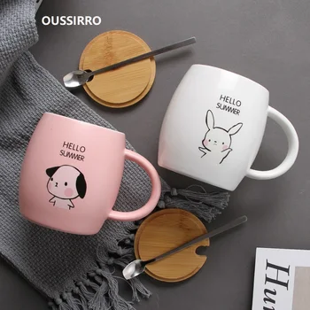 

OUSSIRRO European style Mug Simple Animal Pattern Ceramics coffee Mugs Wood Lid and Spoon Christmas Gift for Friends