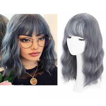 

Pervado Hair 16" Ash Blue Gray Wavy Wigs with Bangs for Women Synthetic Brown Natural Wave Hair Wigs Cosplay