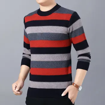 

Men Slim Fit Cashmere Wool Pullovers Sweaters Blue Orange Cross Stripe Contrast Color Textured Knit Tops Man O-neck Knitwear New
