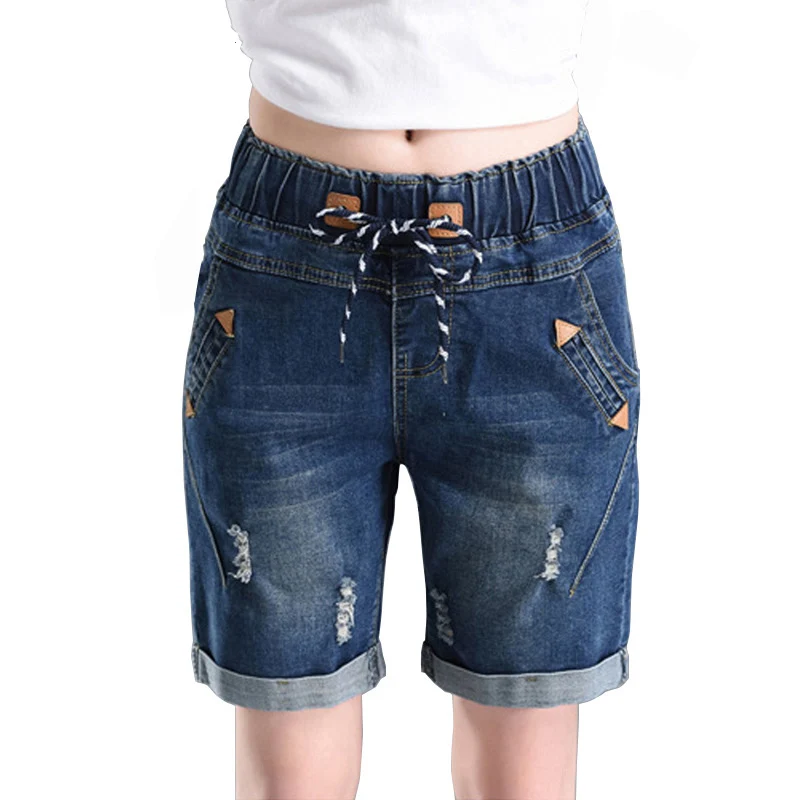 New Arrival Plus Size 6XL Denim Shorts Women 2019 Spring Summer Elastic High Waist Jeans Female Loose Hole Curling | Женская одежда