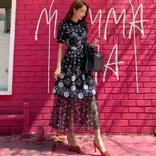 

New Runway Summer Self Portrait Dress Women Short Sleeve Embroidery Floral Mesh Vintage Ruffles Party Vestidos