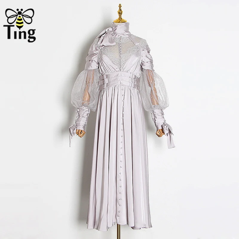 Tingfly весеннее дизайнерское платье для подиума с кружевами, роскошное вечернее платье с высокой талией и бантом на шее, длинное платье с однобортным поясом