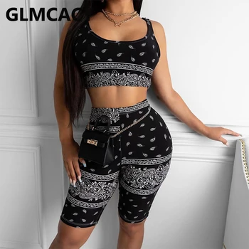 

Two Piece Set Top and Pants Women Printed Sleeveless Top & High Waist Bodycon Short Suits