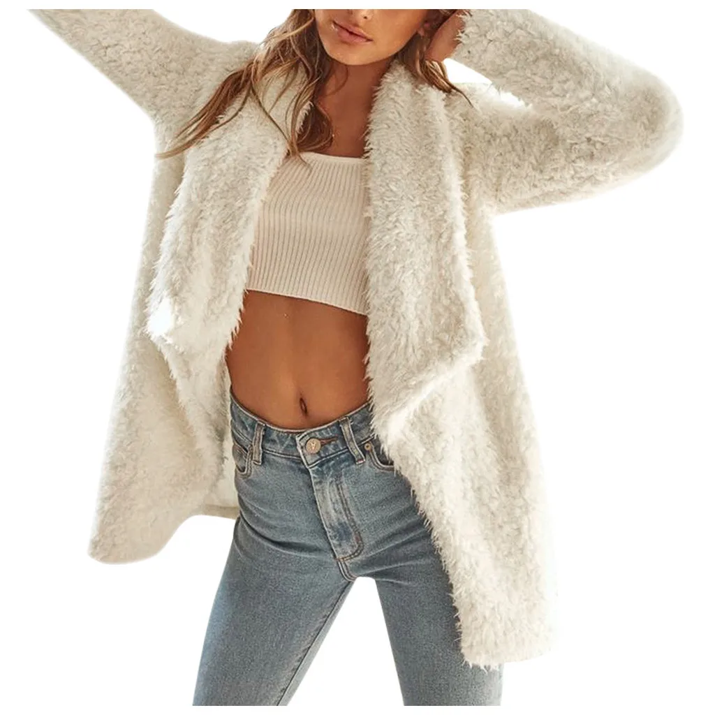 Элегантное длинное пальто из искусственного меха для женщин осень зима теплая мягкая меховая куртка женская плюшевая верхняя одежда с карманом# J30 - Цвет: Белый