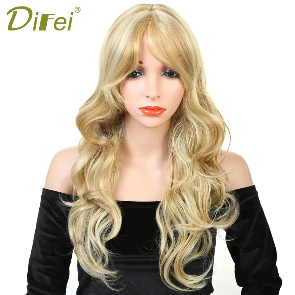 DIFEI длинные волнистые смешанные золотые парики с челкой для женщин высокая температура Синтетические для ежедневного использования или Рождественские парики - Цвет: T1B/613