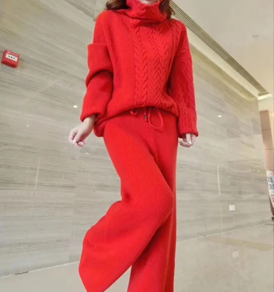 Turtleneck Осень Зима мягкий твист свитер комплект из двух предметов Женская мода сплошной водолазка вязаный пуловер Топы и широкие брюки костюм - Цвет: Turtleneck