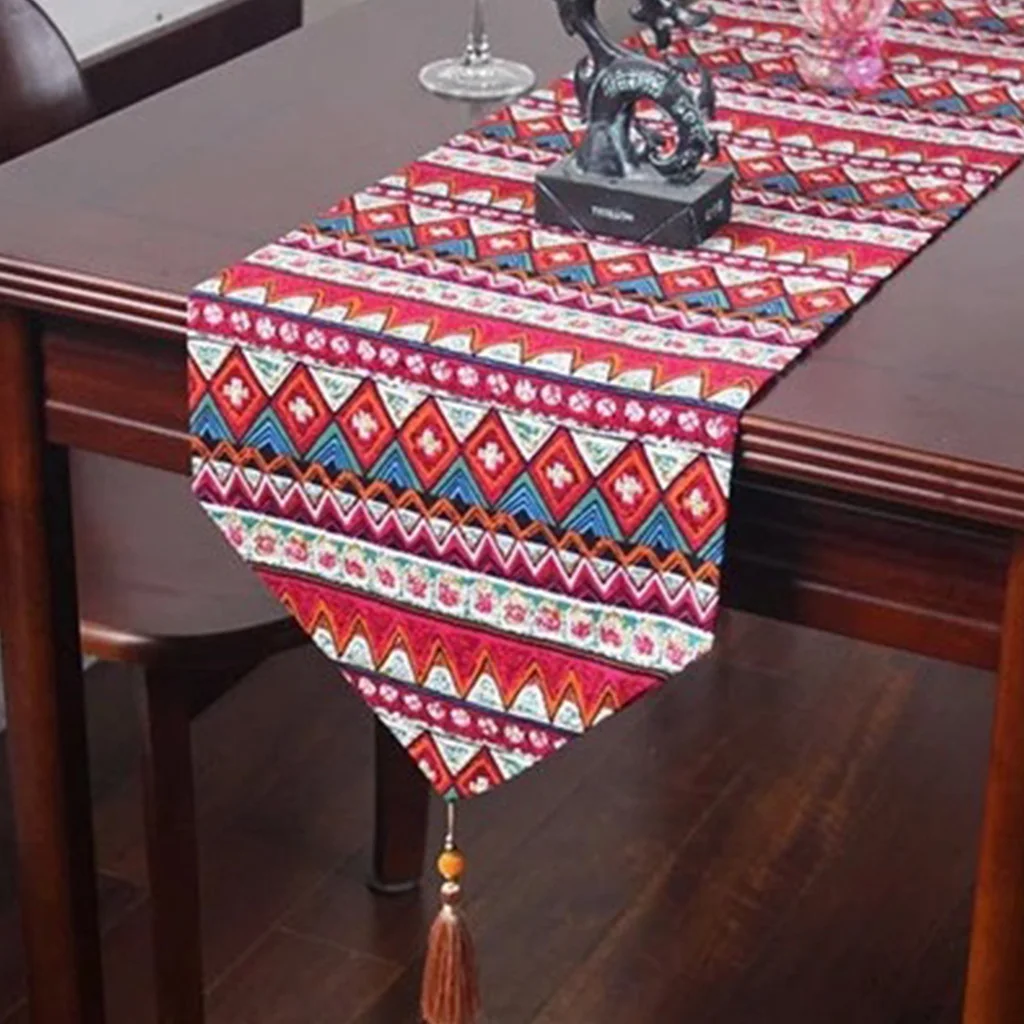 Southeast Asia Style Mixed Geometric Stripes Table Runner Flag Bohemian Cotton Washable Tablecloth with Tassels Dresser Scarf