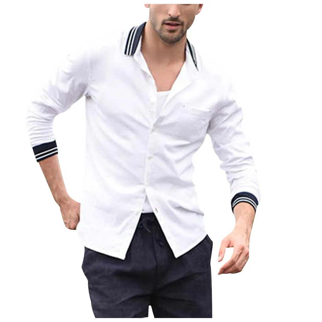 White Camisa Masculina Мужская винтажная однотонная льняная Однотонная рубашка с длинными рукавами в стиле ретро рубашки модные мужские облегающие рубашки - Цвет: White