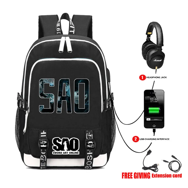 SAO Kirito Sword Art Online Book bag Rucksack Student School Bag For Boys Girls Travel Backpack USB Port Mochila Black Backpack