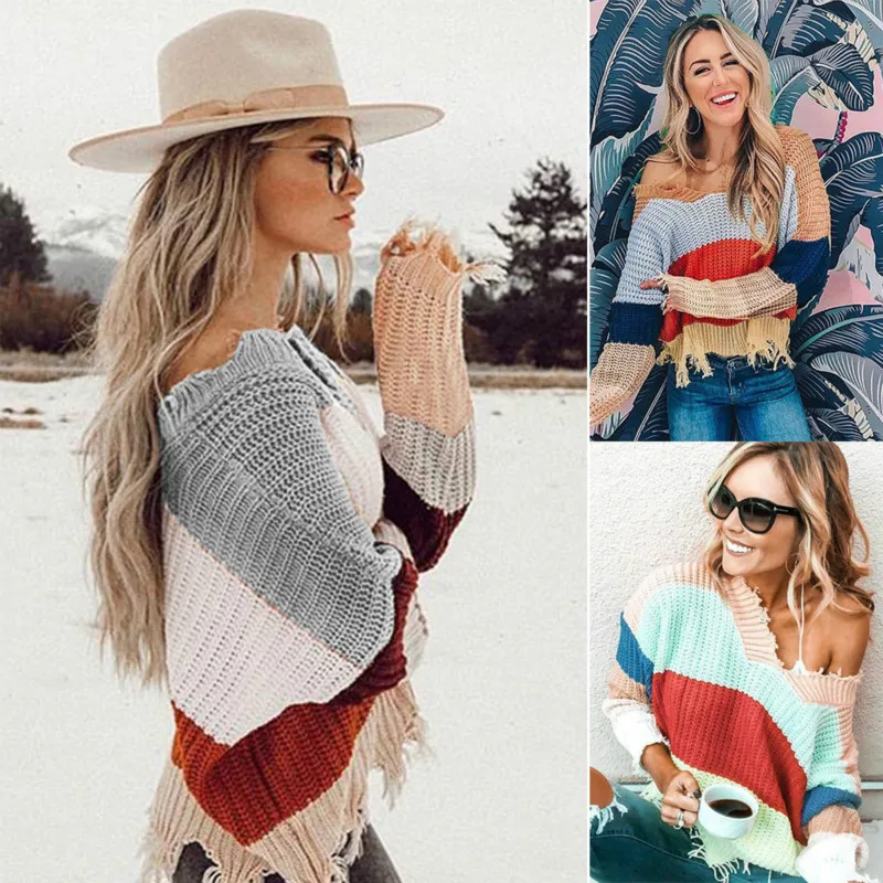 

2019 New Fashion Batwing Sleeve V-neck Women Autumn Outfit Knit Sweaters 3 Color Stitching Leisure Tassel Sweater