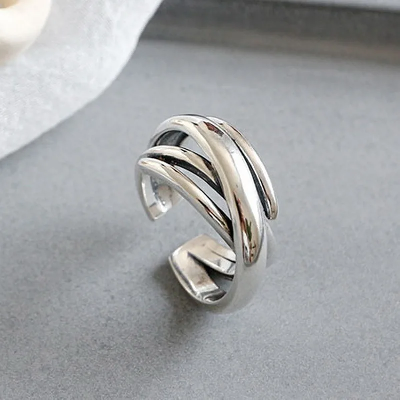 Anelli semplici a strati vintage per donna Anello da dito regolabile bohémien color argento Anelli di apertura irregolari geometrici Gioielli - immagine 6