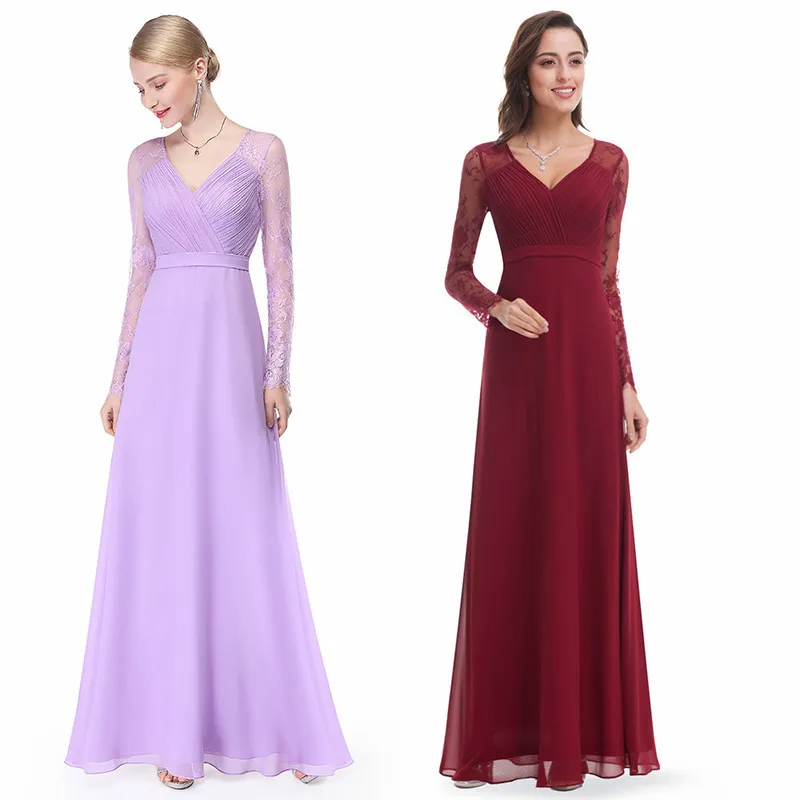 Skyyue платье подружки невесты с длинным рукавом Плюс Размер Vestido Madrinha Кружева v-образным вырезом плиссированные элегантные длинные женские вечерние платья для девочек C513