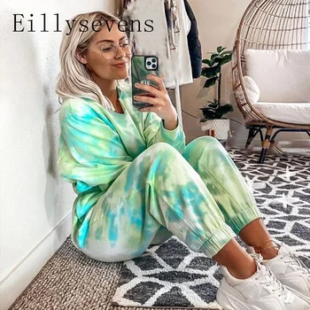 

Women Suits Leisure Home Wear Suit Autumn winter Tie dye Long Sleeve O-neck Tops+Lace-up Long Pants Костюм с принтом тай-дай#4