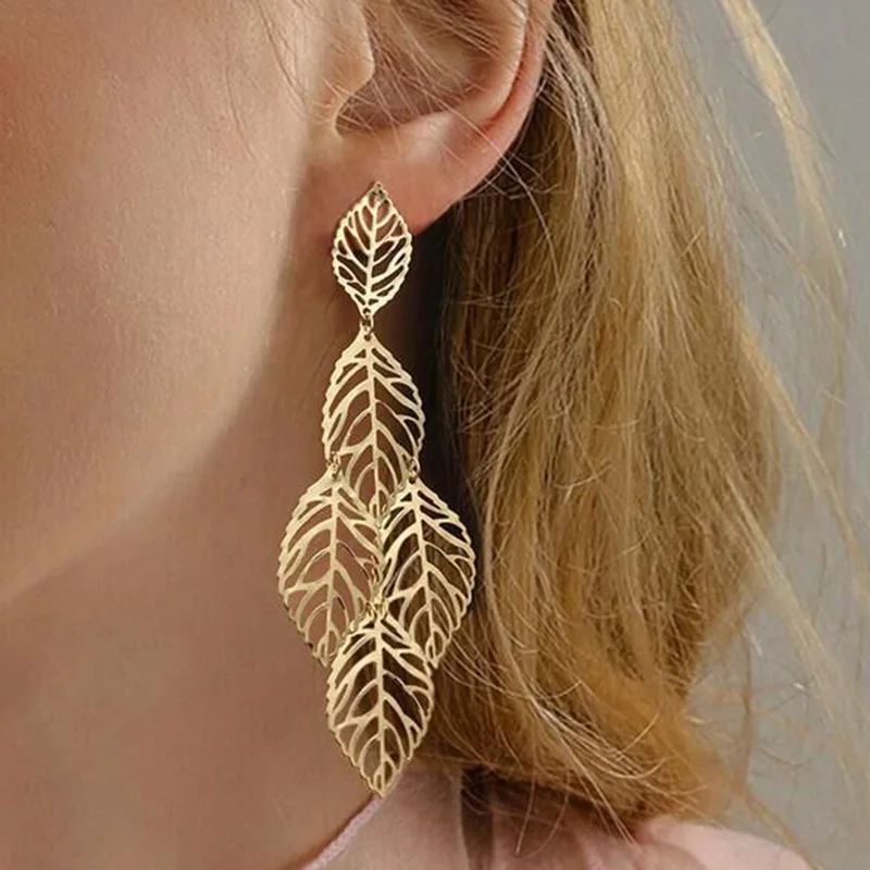 

Size Leaf Metal Earrings Multi-layer Leaf Alloy Earrings Women's Fashion Temperament Hollow Creative Personality Jewelry Gifts