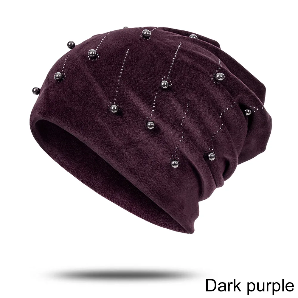 Winter Woman Hat Suede Soft beanie Hat for Women Solid Color Pearl Fashion Winter Warm Hat - Цвет: G