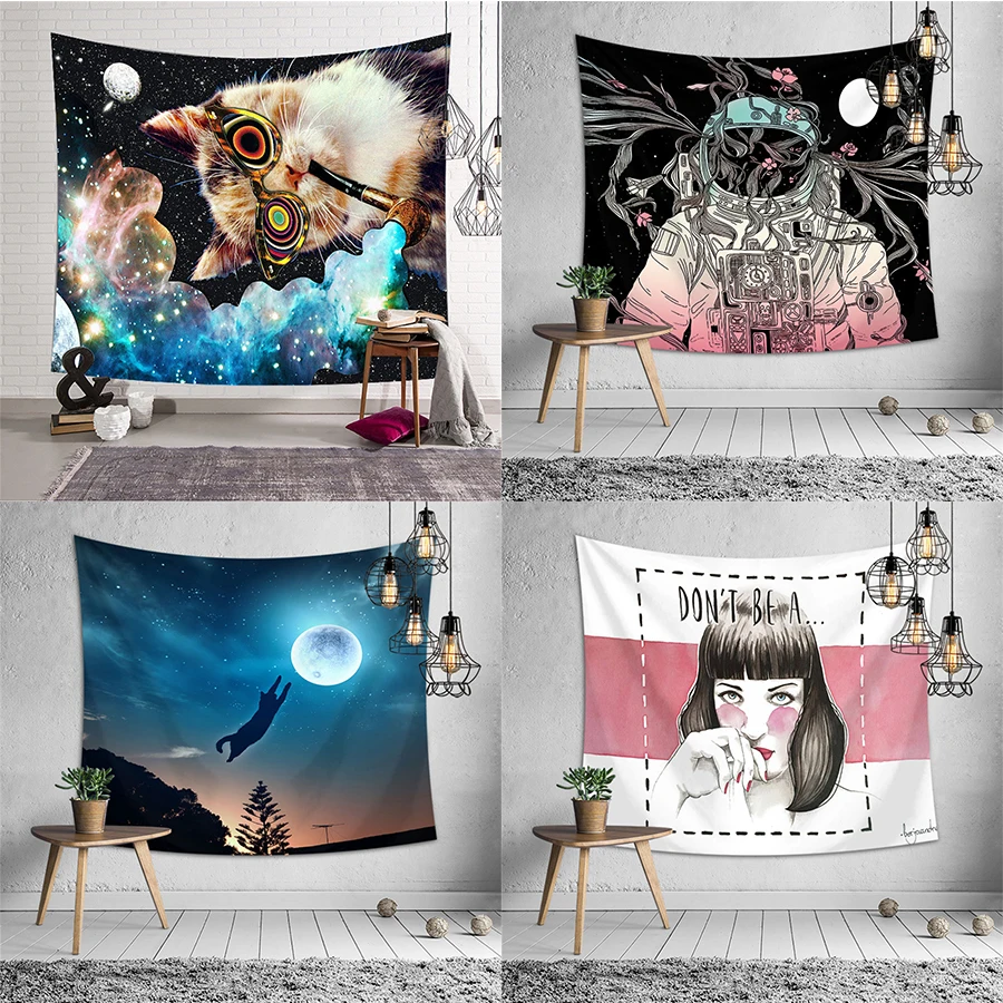 

Nordic Wall Tapestry Mandala Fabric Smoking Cat Astronaut Women Psychedelic Tapestry Hippie Boho Dorm Personality Art Wall Tapiz