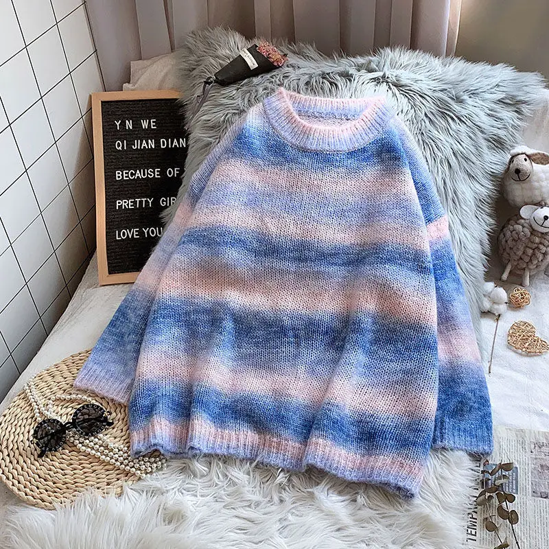 brown sweater Rainbow Cashmere Sweater Women Pullover Spring 2021 Women Sweater Loose College Style Knitted Sweater Top Colorful Thin Section ladies cardigans