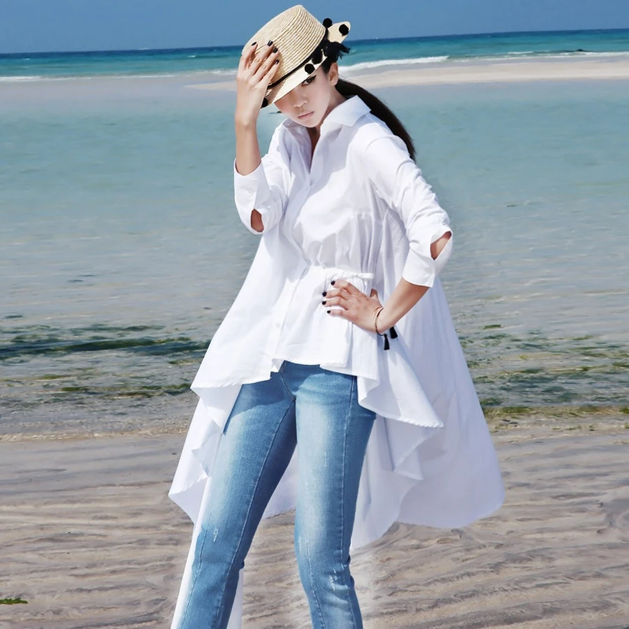 

Spring and autumn new fashion personality temperament chic irregular long shirt