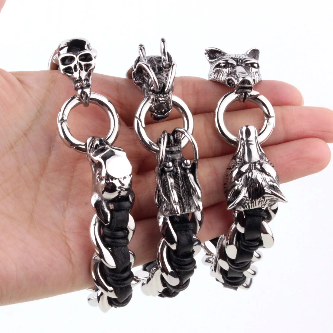 Мужская Черная Кожа из нержавеющей стали серебряный цвет Волк череп цепь в виде льва ссылка браслет тяжелое Подарочное кольцо для папы его