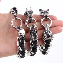 Мужская Черная Кожа из нержавеющей стали серебряный цвет Волк череп цепь в виде льва ссылка браслет тяжелое Подарочное кольцо для папы его