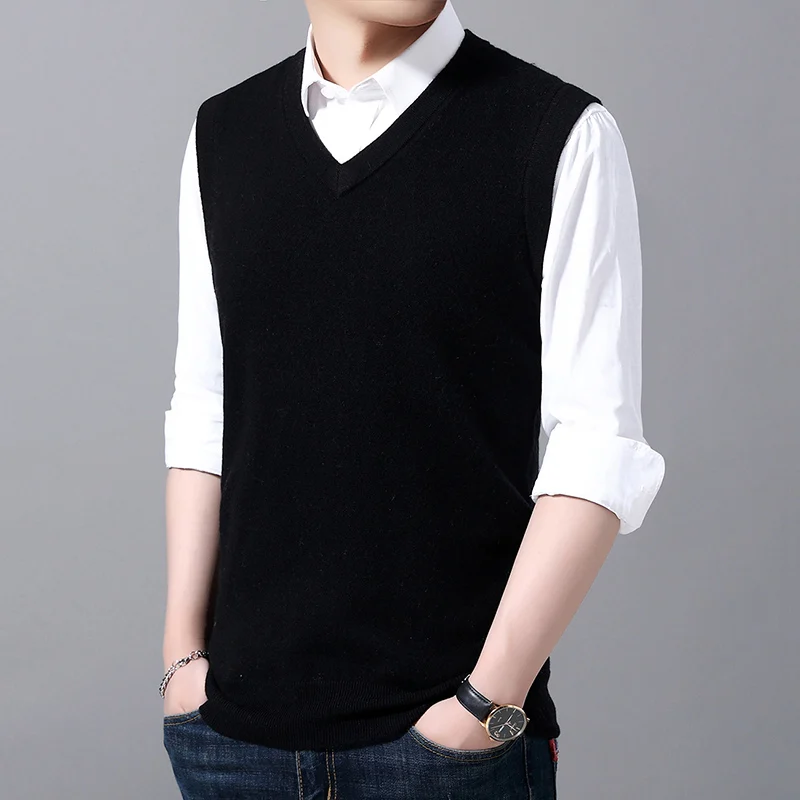New Fashion Brand Sweater For Mens Pullovers Jumpers Knit Solid Color V Neck Slim Fit Autumn Vest Sleeveless Casual Clothing Men - Цвет: Черный