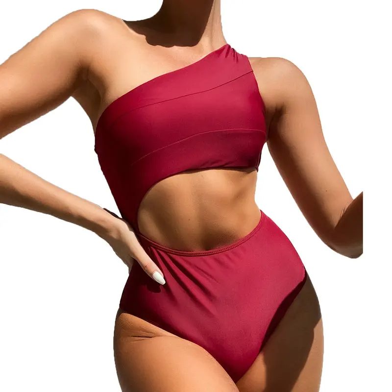 

QINJOYER One Piece Swimsuit One Shoulder Bikini Women Bathing Suit Solid Red Swimsuit Cut Out Women Monokini Thong Swimsuit