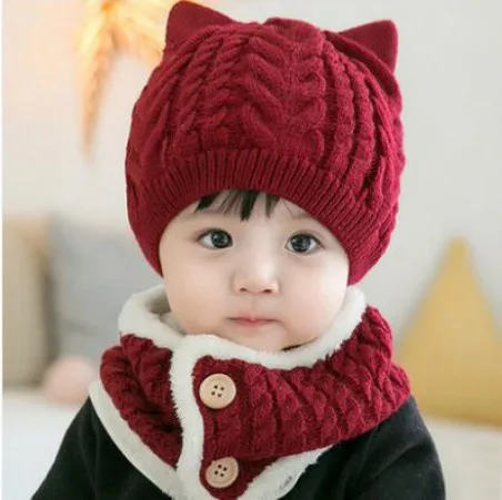 Комплекты шапок и шарфов для маленьких детей вязаная зимняя Кепка-капюшон с шарфом, теплый шарф с капюшоном вязаная шапка Милая теплая - Цвет: Бургундия