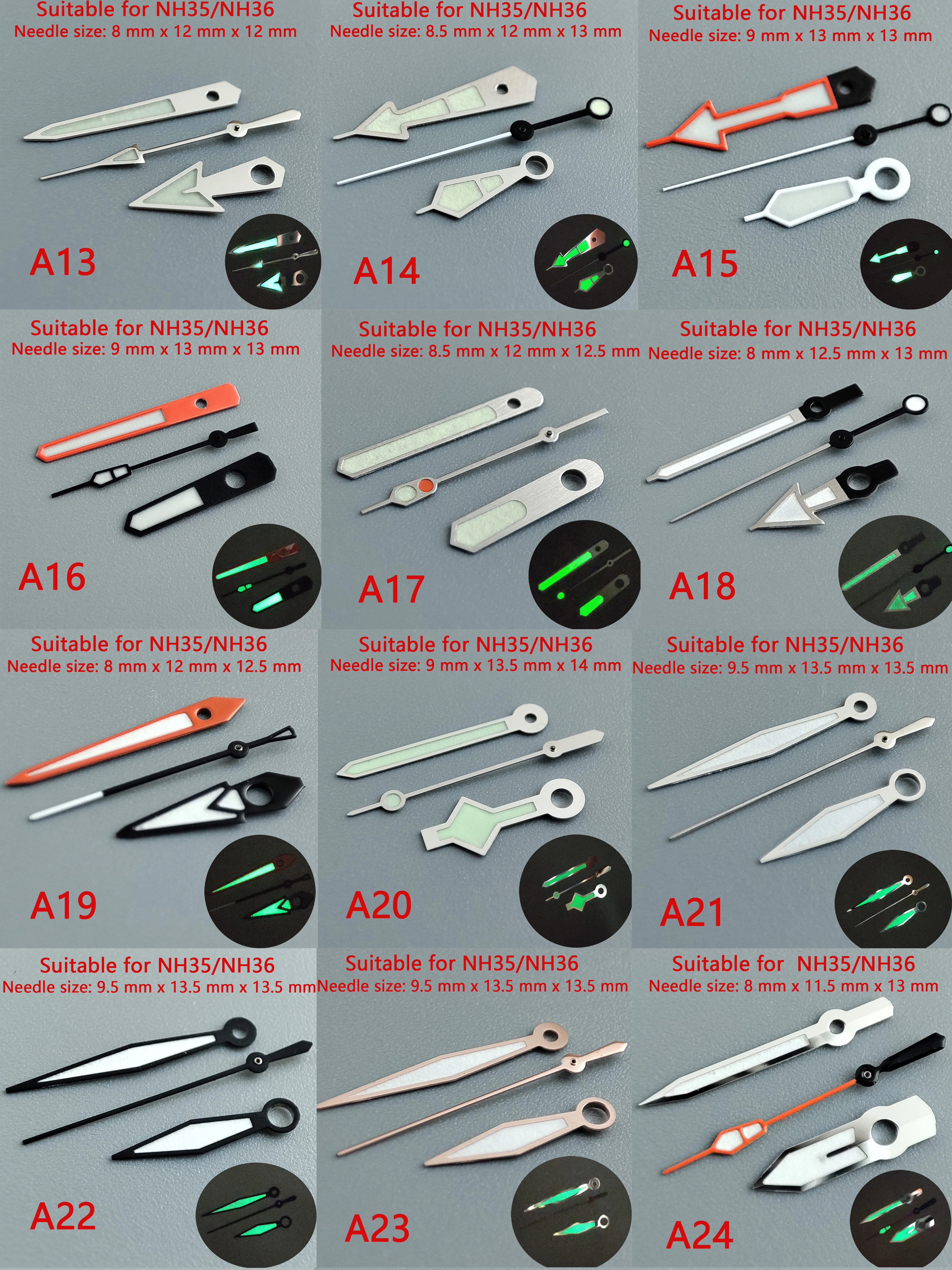 Luminous Green & Silver Watch Hands Set with Seconds Pointer