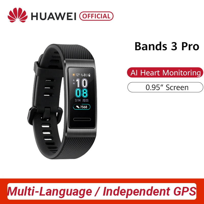 Смарт-браслет HUAWEI Band 3 Pro со встроенным gps 0,9" AMOLED экраном 12 дней с аккумулятором, фитнес-трекер, монитор сердечного ритма, 5 АТМ, BT4.2