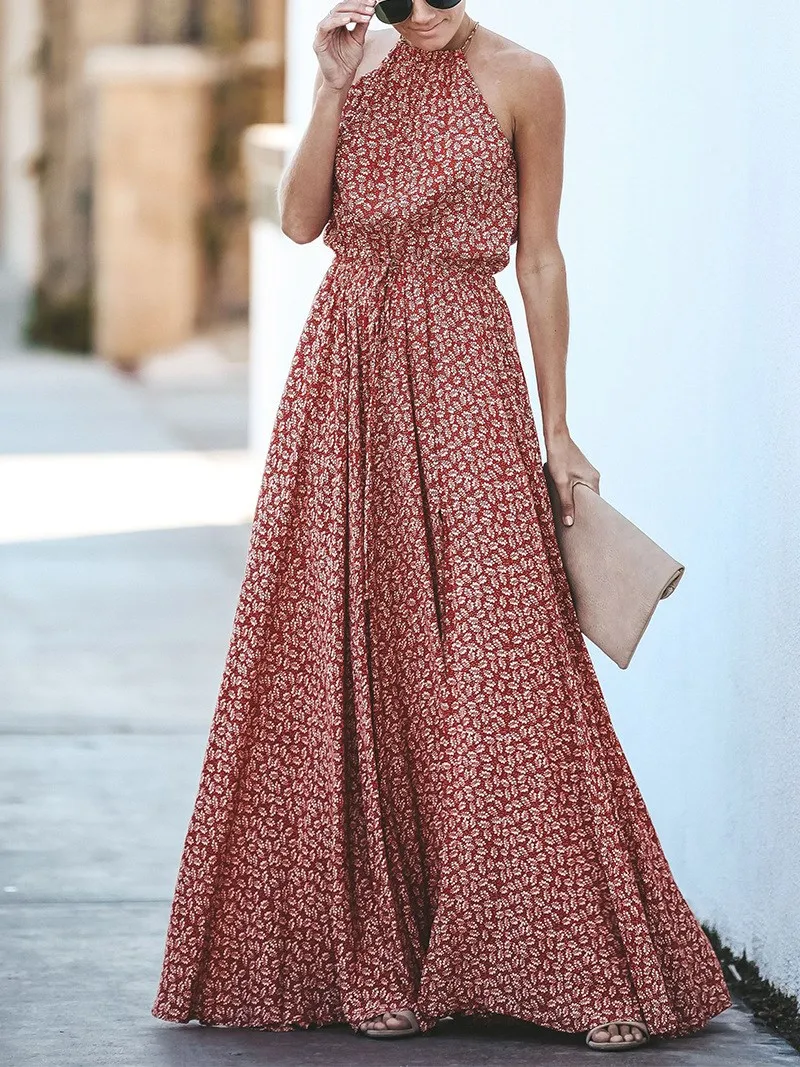 

Fashion Nice Summer Women Summer Boho Halter Long Maxi Dress Evening Beach Dresses Party Floral Print Dress
