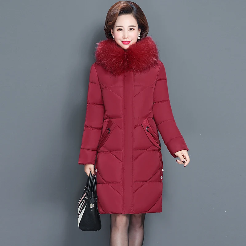 Женская зимняя куртка с меховым воротником, Женская куртка, тонкая длинная куртка с хлопковой подкладкой, зимнее пальто, парка, большой размер 6XL - Цвет: Красный