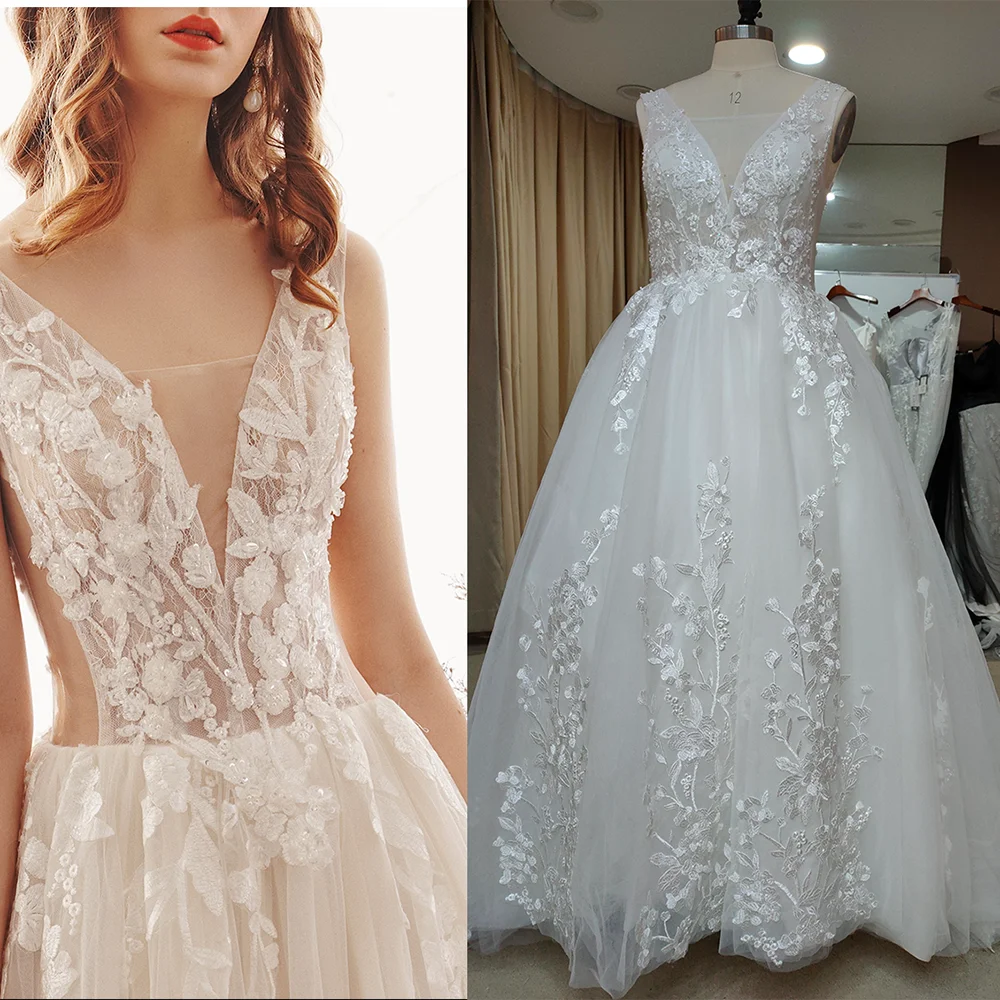 

Кружевное бальное платье с бисером, V-образным вырезом, без рукавов, с открытой спиной, из тюля, с прозрачной аппликацией, на молнии, роскошное свадебное платье, бальное платье, 4273