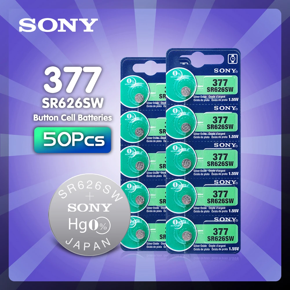 50 шт. Sony 377 Батарея AG4 LR626 377A sr626sw 1 55 V 626 Кнопка сотового оксида серебра батарейки