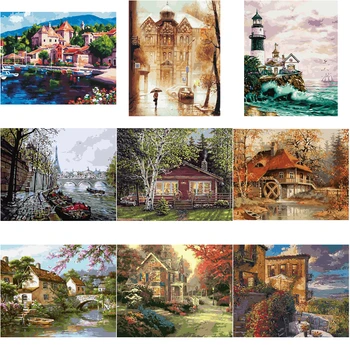 

Painting By Numbers Castle Manor Tree Hand Painted DIY Kits Drawing Canvas Landscape Wall Art Home Decor