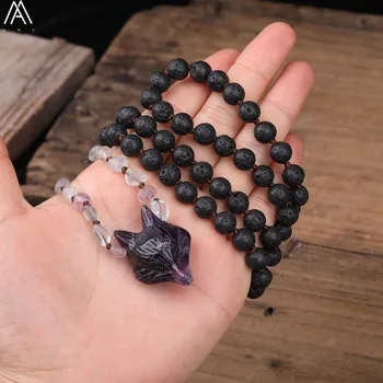 

Natural Amethysts Quartz Wolf Head Pendant Rainbow Fluorite Stone Chip Beads Knot Handmade Necklace 32 Inch Long N0513AMCD