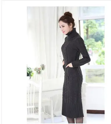 Dark gray 1 Kpop вязаное платье осеннее и зимнее платье-свитер модное женское вязанное элегантное платье с высоким эластичным воротником женское платье - Цвет: Dark gray 1