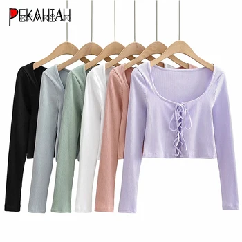 

Sexy Long Sleeve O-Neck Short Knitted Sweater Women Fashion Slim Drawstring Puffovers Casual Solid Chic Tops 2020