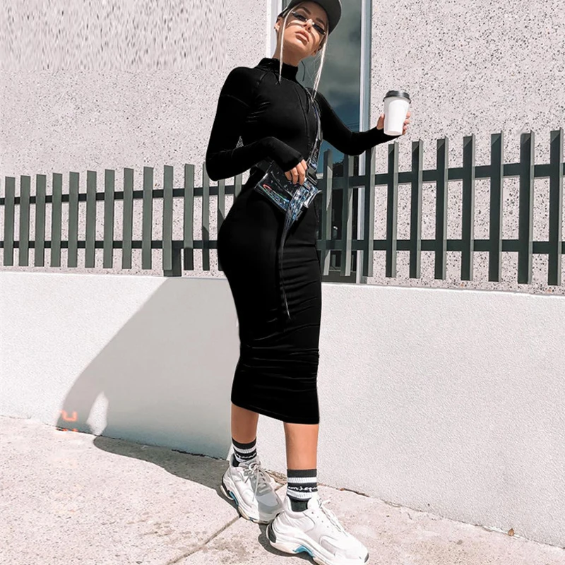 

Sexy Bodycon Midi Dresses Autumn Long Sleeve Turtleneck Zipper and Open Zip Collar 2 in 1 Casual Party Dresses Female vestidos